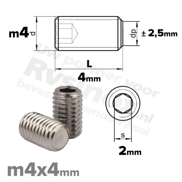 RVS stelschroef M4x4 ISO 4026 (DIN 913) A2