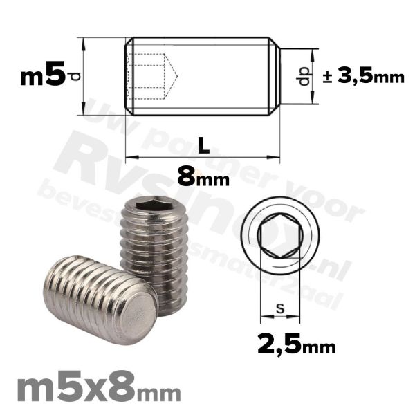 RVS stelschroef M5x8 ISO 4026 (DIN 913) A2