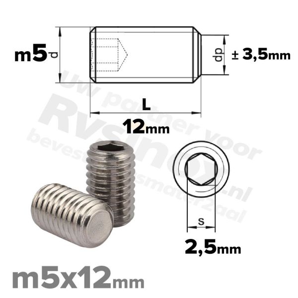 RVS stelschroef M5x12 ISO 4026 (DIN 913) A2