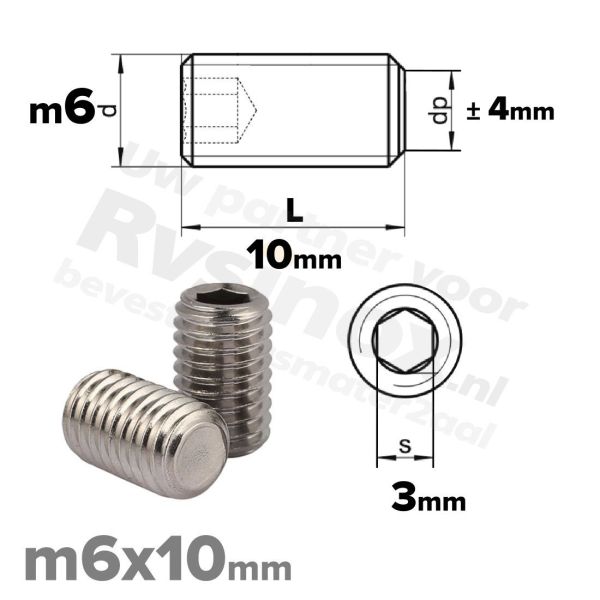 RVS stelschroef M6x10 ISO 4026 (DIN 913) A2