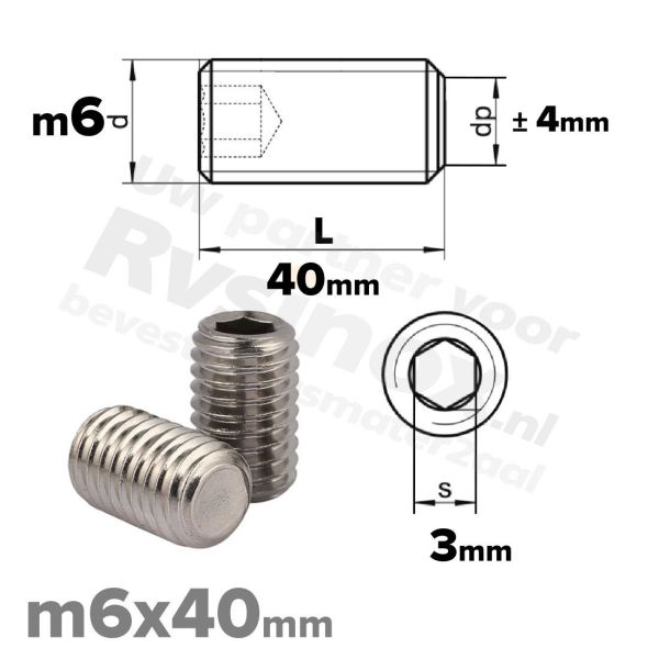 RVS stelschroef M6x40 ISO 4026 (DIN 913) A2