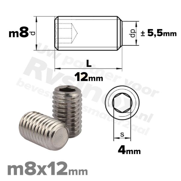 RVS stelschroef M8x12 ISO 4026 (DIN 913) A2