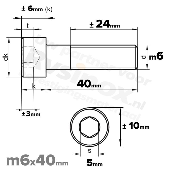 RVS Inbusbout M6x40 DIN 912 A2 | Cilinderschroef ISO 4762