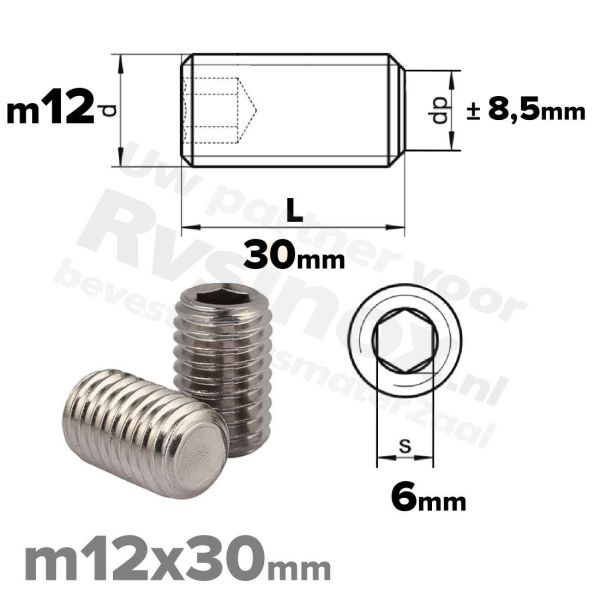 RVS stelschroef M12x30 ISO 4026 (DIN 913) A2