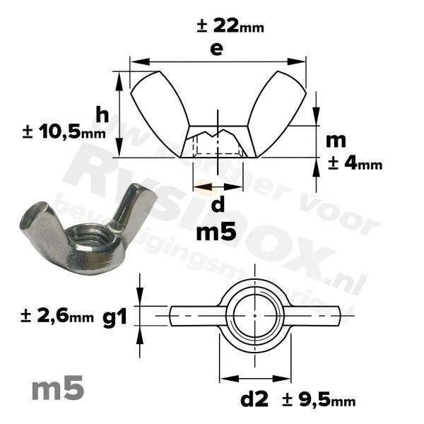 Vleugelmoer M5 Art. 315 RVS A2 | rvsinox.nl