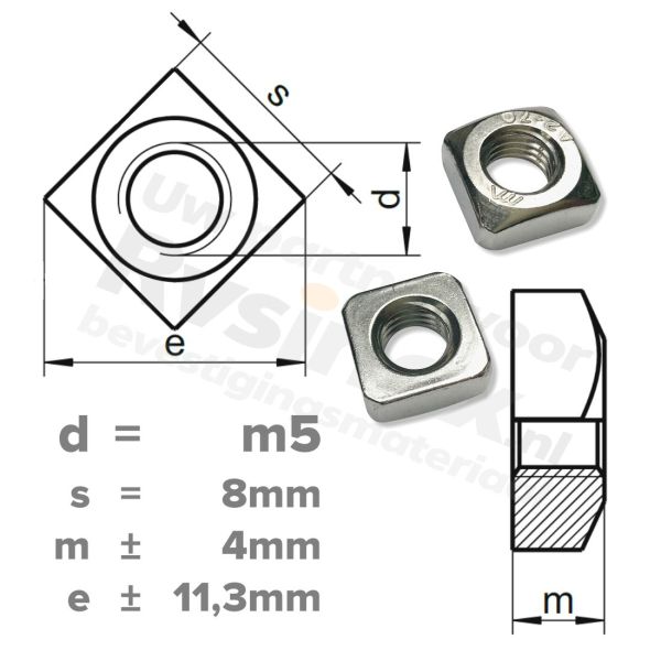 Vierkantmoer M5 DIN 557 RVS A2 | rvsinox.nl