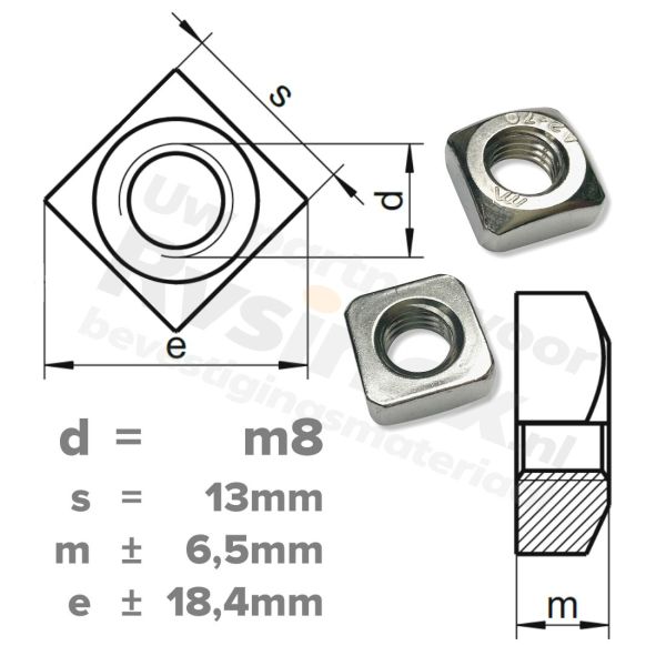 Vierkantmoer M8 DIN 557 RVS A2 | rvsinox.nl