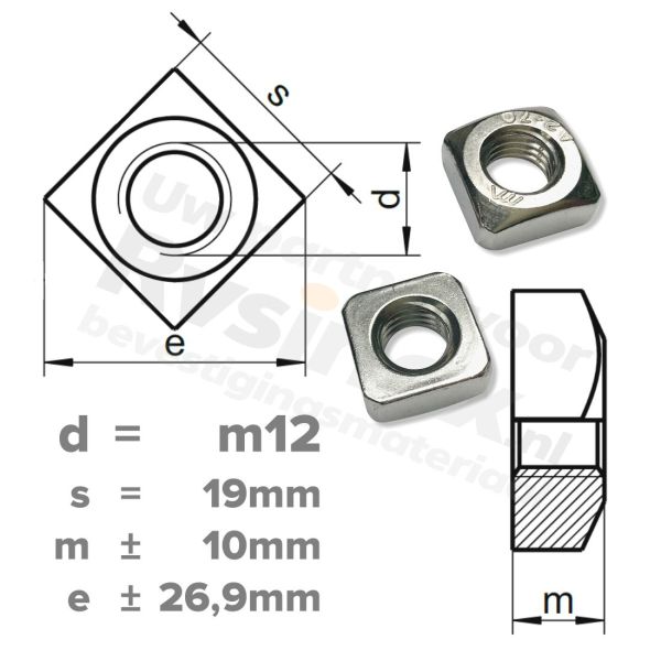 Vierkantmoer M12 DIN 557 RVS A2 | rvsinox.nl