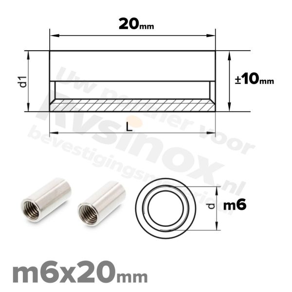 Koppelmoer rond M6x20mm Art. 9070 RVS A2 | rvsinox.nl