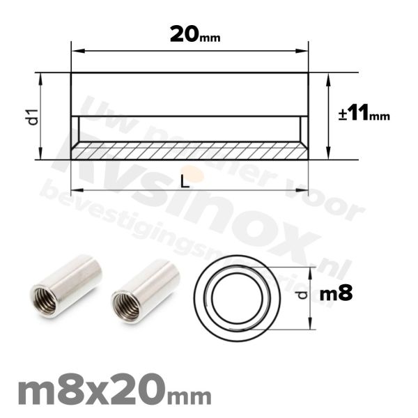 Koppelmoer rond M8x20mm Art. 9070 RVS A2 | rvsinox.nl