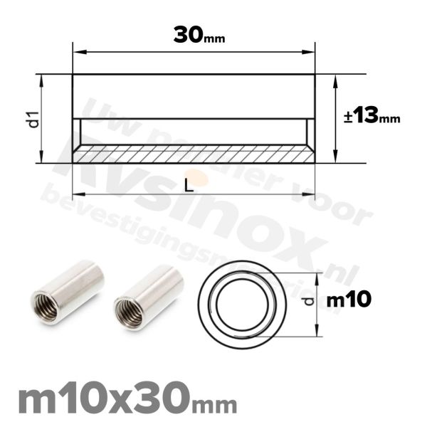 Koppelmoer rond M10x30mm Art. 9070 RVS A2 | rvsinox.nl