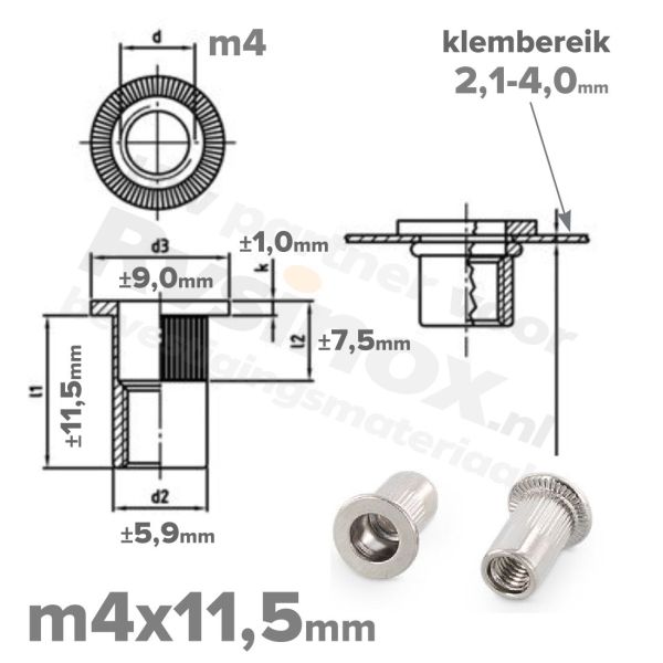 Rvs blindklinkmoer m4x11,5 - art. 1025 A2 | Rvsinox.nl
