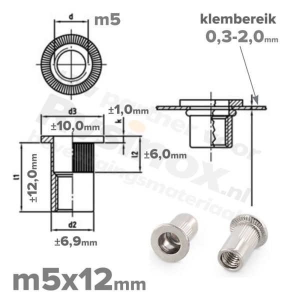 Rvs blindklinkmoer m5x12 - art. 1025 A2 | Rvsinox.nl