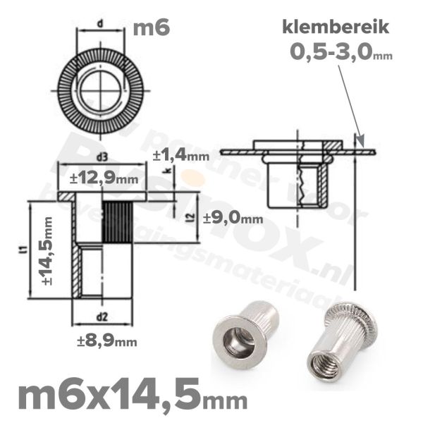 Rvs blindklinkmoer m6x14,5 - art. 1025 A2 | Rvsinox.nl