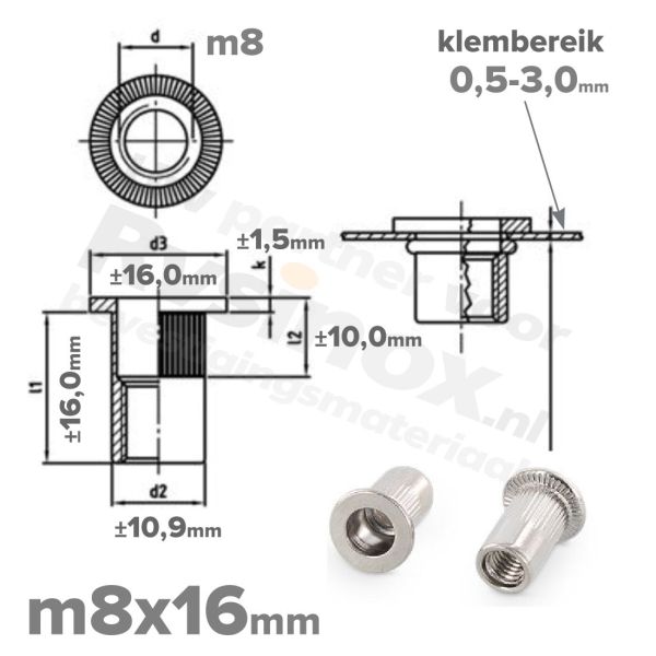 Rvs blindklinkmoer m8x16 - art. 1025 A2 | Rvsinox.nl