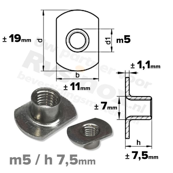 Rvs huls/aanlasmoer m5x h 7,5mm - art. 9060 A2 | Rvsinox.nl