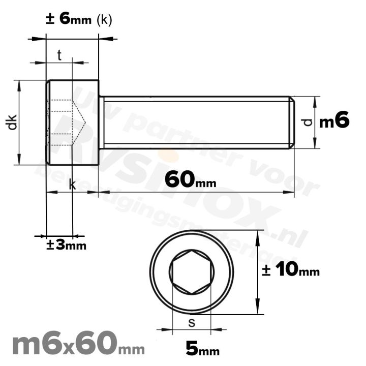 RVS Inbusbout M6x60/60 DIN 912 A2 | Cilinderschroef ISO 4762