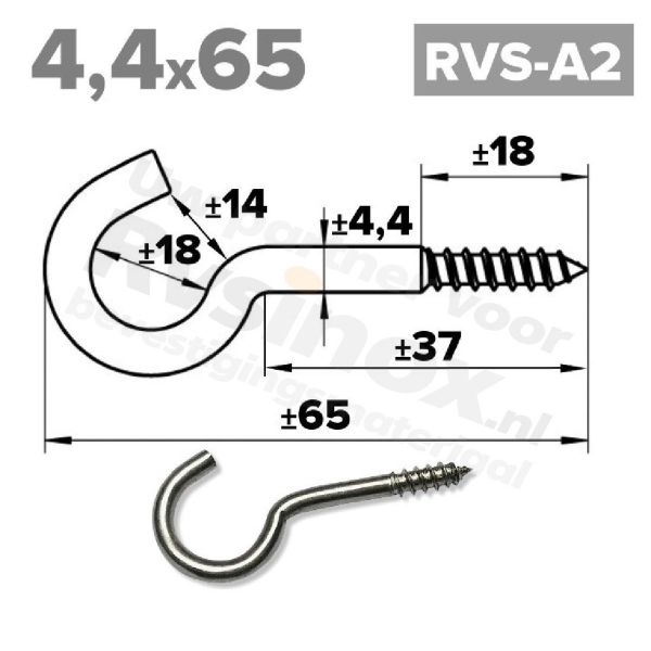 Rvs schroefhaak 4,4x65mm - Art. 9080 A2 | Rvsinox.nl