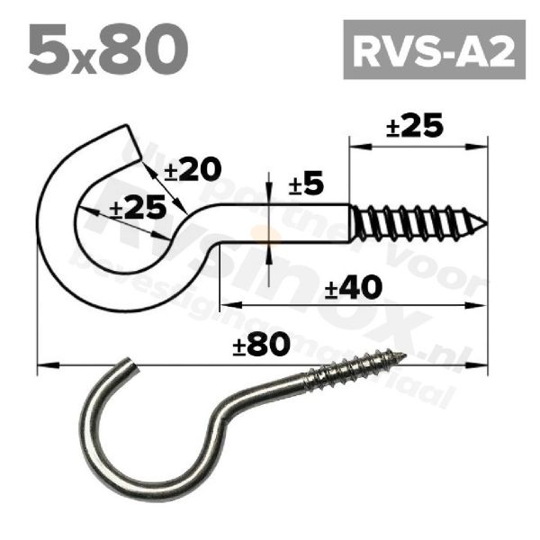 Rvs schroefhaak 5x80mm - Art. 9080 A2 | Rvsinox.nl