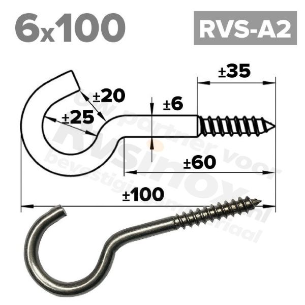 Rvs schroefhaak 6x100mm - Art. 9080 A2 | Rvsinox.nl