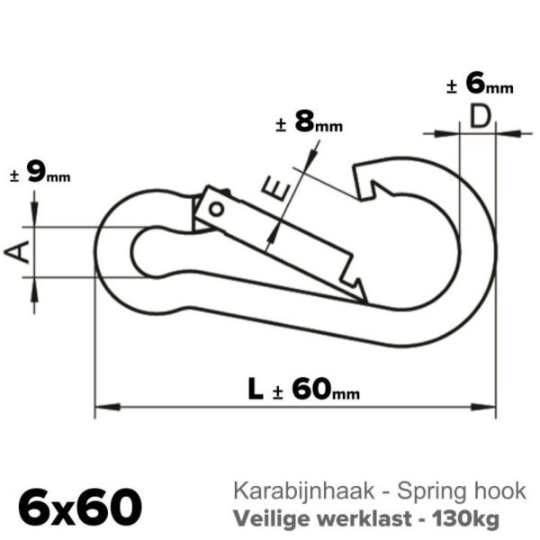 Rvs karabijnhaak 6x60 - Art. 9075 A4 | Rvsinox.nl