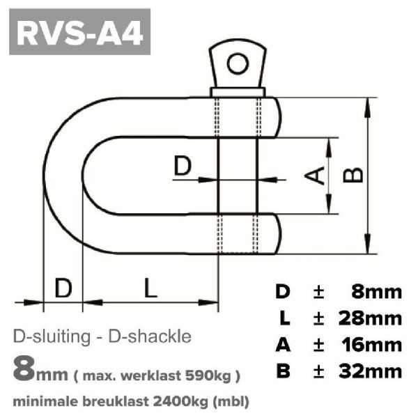 Rvs D-sluiting 8mm - Art. 9076 A4 | Rvsinox.nl