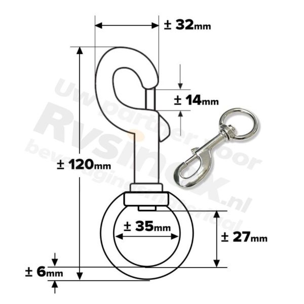 Rvs musketonhaak 120mm - Art. 8303 A4 | Rvsinox.nl