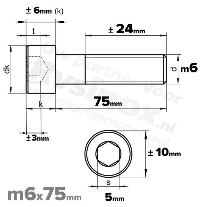 RVS Inbusbout M6x75 DIN 912 A2 | Cilinderschroef ISO 4762