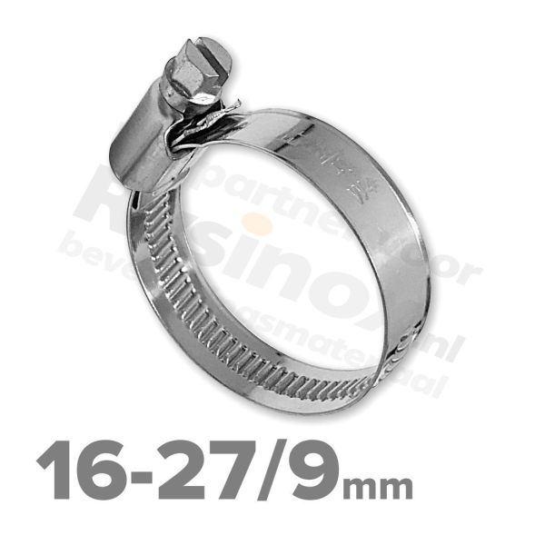 Rvs slangklem 16-27mm / 9mm - DIN 3017 A2 | Rvsinox.nl