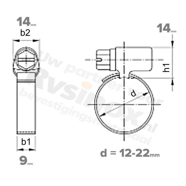 Rvs slangklem 12-22mm / 9mm - DIN 3017 A2 | Rvsinox.nl