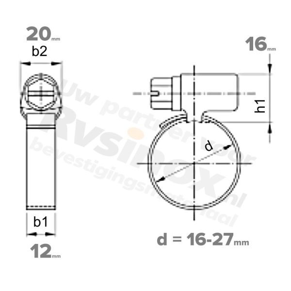 Rvs slangklem 16-27mm / 12mm - DIN 3017 A2 | Rvsinox.nl