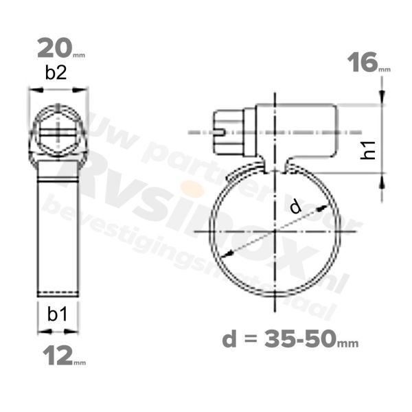 Rvs slangklem 35-50mm / 12mm - DIN 3017 A2 | Rvsinox.nl