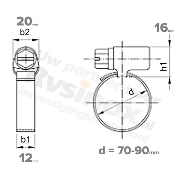 Rvs slangklem 70-90mm / 12mm - DIN 3017 A2 | Rvsinox.nl