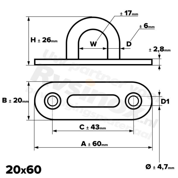 Rvs oogplaat 20x60mm - Art. 8266 A2 | Rvsinox.nl