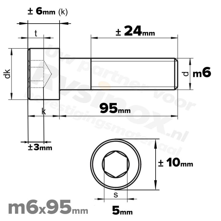 RVS Inbusbout M6x95 DIN 912 A2 | Cilinderschroef ISO 4762