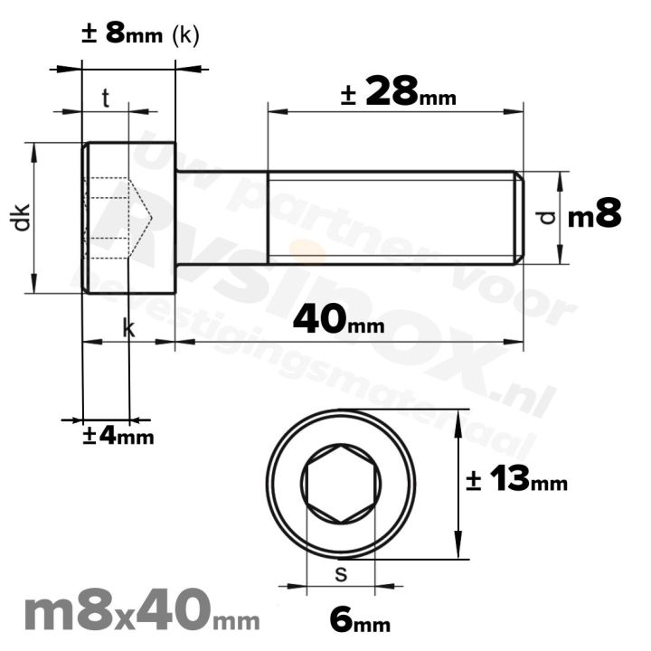 Inbusbout M8x40 DIN 912 / ISO 4762 - RVS A2 (Inox)