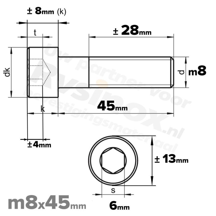 Inbusbout M8x45 DIN 912 / ISO 4762 - RVS A2 (Inox)