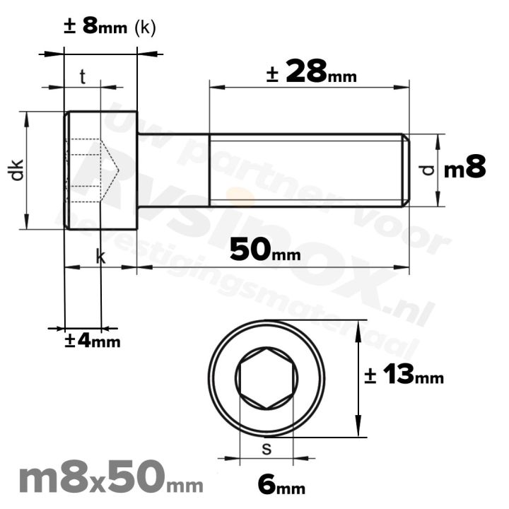 Inbusbout M8x50 DIN 912 / ISO 4762 - RVS A2 (Inox)