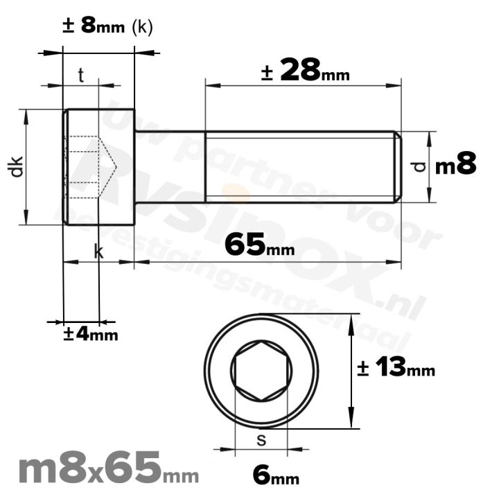 Inbusbout M8x65 DIN 912 / ISO 4762 - RVS A2 (Inox)