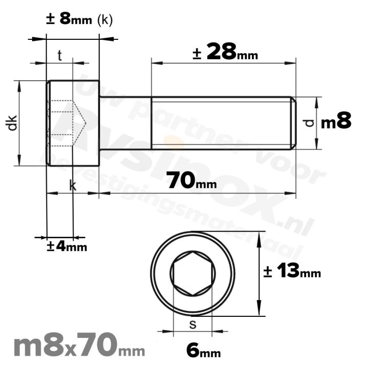 Inbusbout M8x70 DIN 912 / ISO 4762 - RVS A2 (Inox)