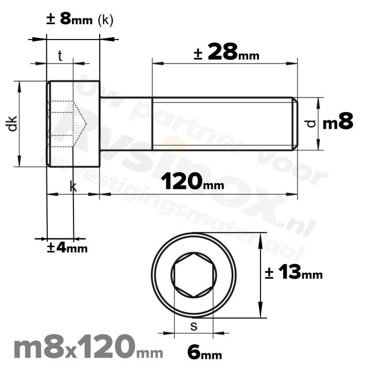 Inbusbout M8x120 DIN 912 / ISO 4762 - RVS A2 (Inox)