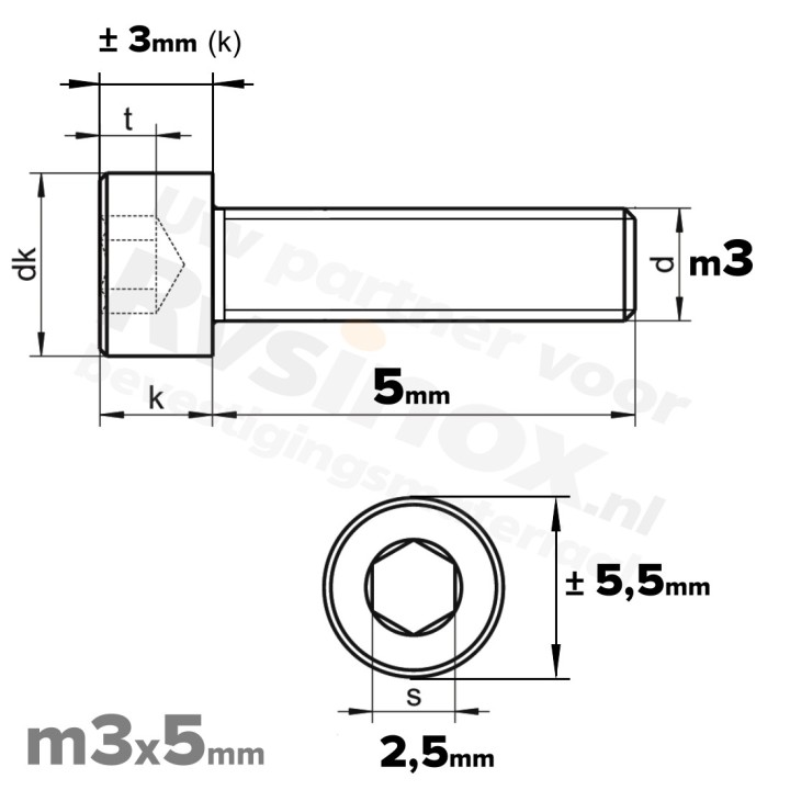 RVS Inbusbout M3x5 DIN 912 A2 | Cilinderschroef ISO 4762