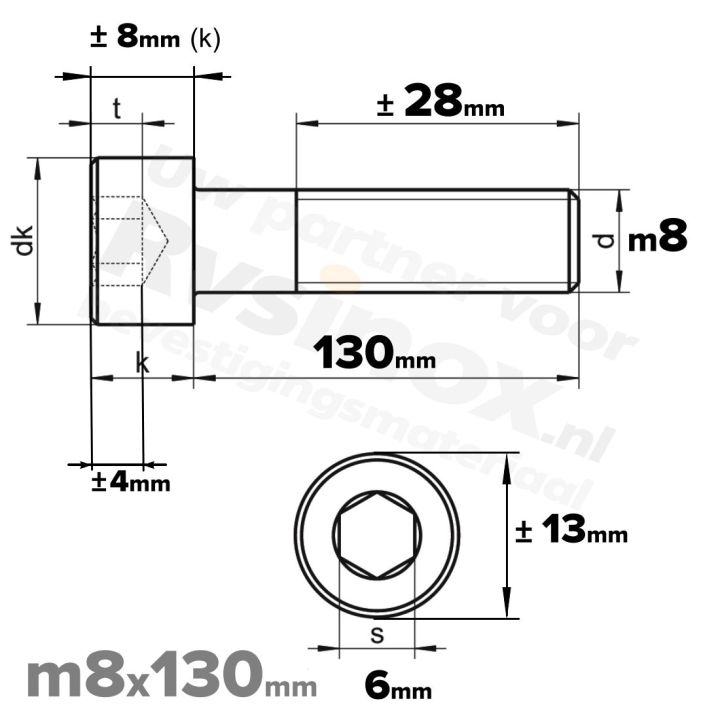 Inbusbout M8x130 DIN 912 / ISO 4762 - RVS A2 (Inox)