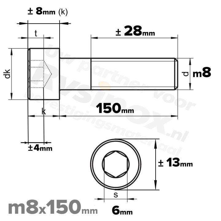 Inbusbout M8x150 DIN 912 / ISO 4762 - RVS A2 (Inox)