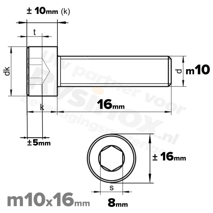 Inbusbout M10x16 DIN 912 / ISO 4762 - RVS A2 (Inox)