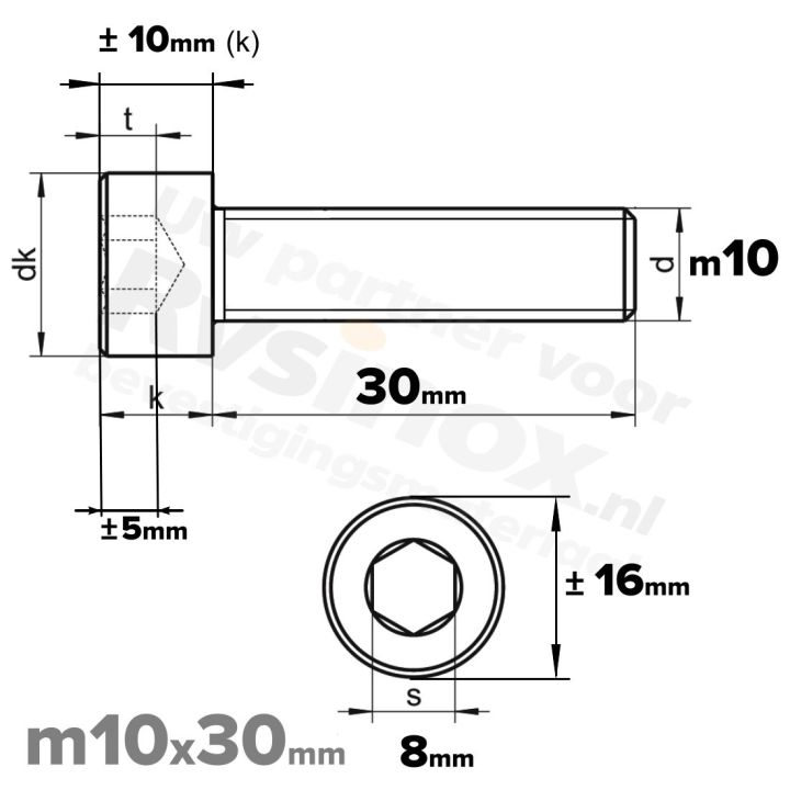 Inbusbout M10x30 DIN 912 / ISO 4762 - RVS A2 (Inox)