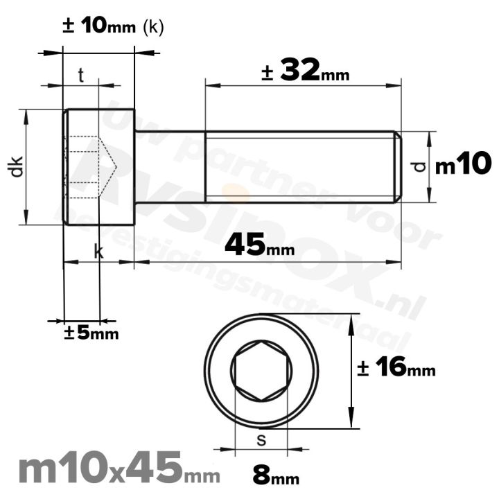 Inbusbout M10x45 DIN 912 / ISO 4762 - RVS A2 (Inox)