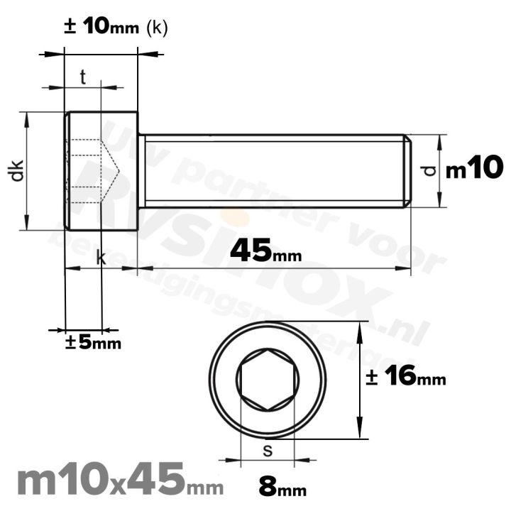 Inbusbout M10x45/45 DIN 912 / ISO 4762 - RVS A2 (Inox)