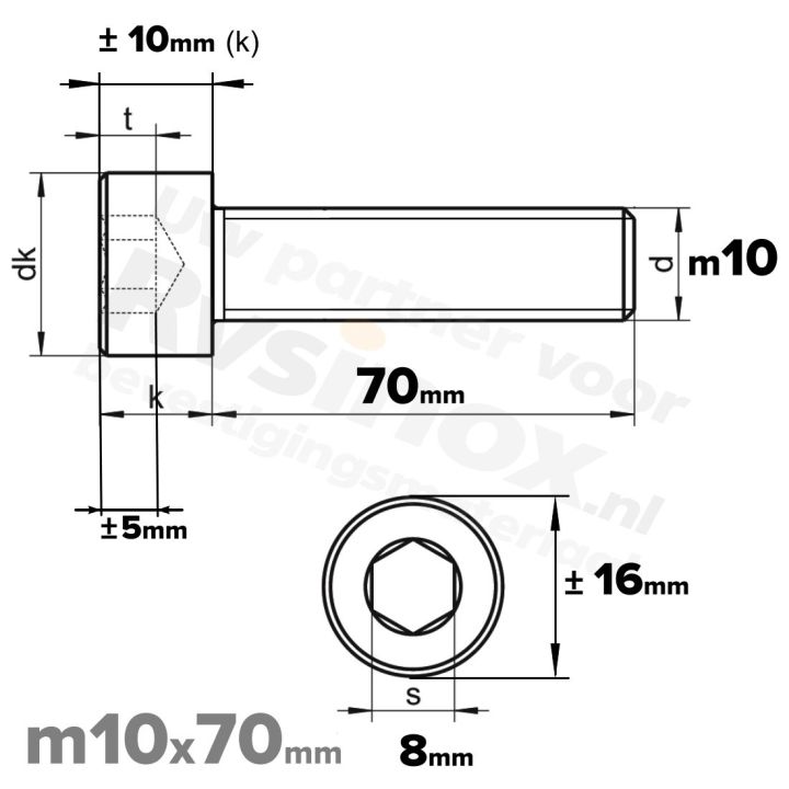Inbusbout M10x70/70 DIN 912 / ISO 4762 - RVS A2 (Inox)