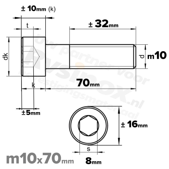 Inbusbout M10x70 DIN 912 / ISO 4762 - RVS A2 (Inox)